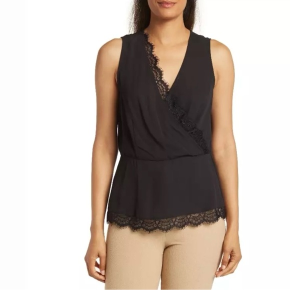 Pleione Tops - Pleione NWT Black Lace Accent Faux Wrap Sleeveless Cami Tank Top Size Medium